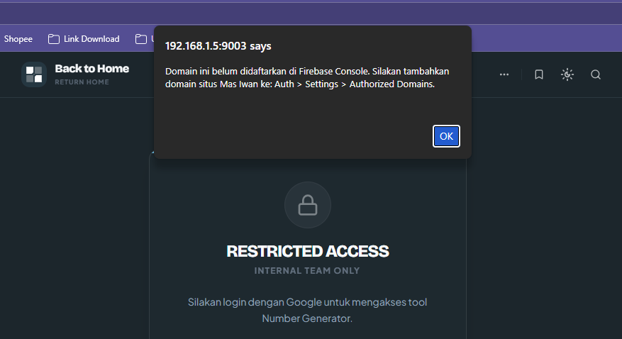 Screenshot Error Domain Belum Didaftarkan Firebase Auth