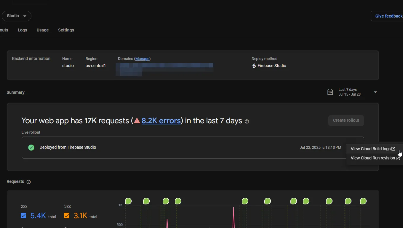 Firebase Studio interface showing the view logs button after a failed build