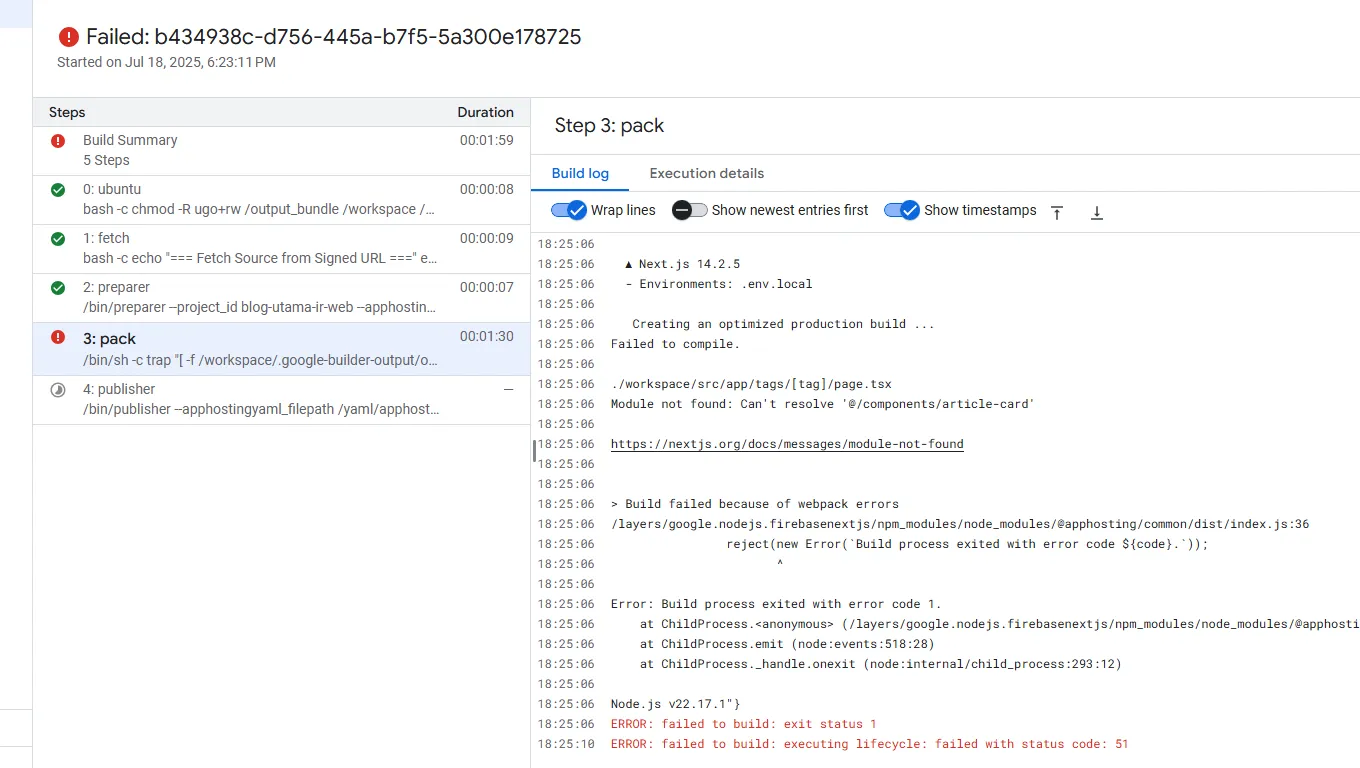 Detail of an error message in build logs highlighting TypeError and file location