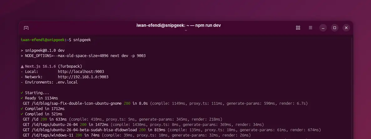 Eksekusi perintah bash alias snipgeek di dalam terminal