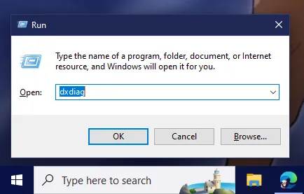 Run dialog with dxdiag command typed