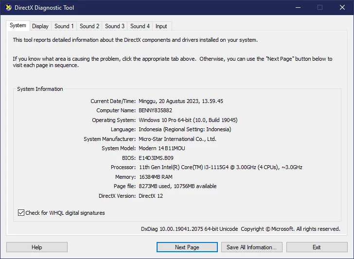 DxDiag System tab showing OS and CPU info