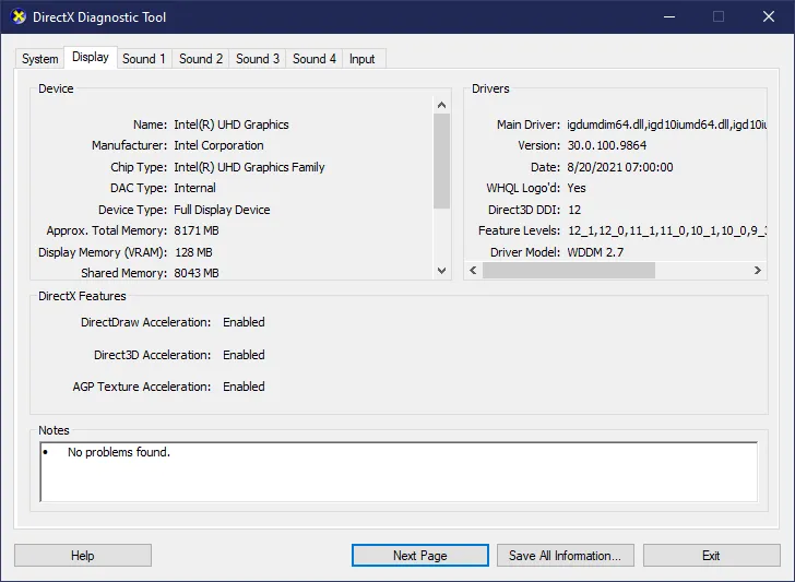 DxDiag Display tab with GPU and DirectX details