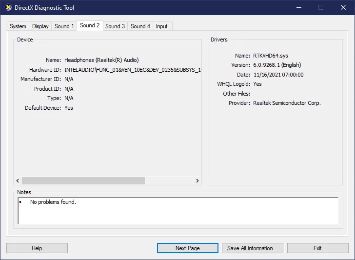 DxDiag Sound tab with audio device info