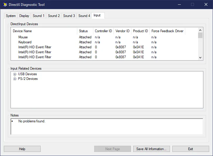 DxDiag Input tab showing connected device information