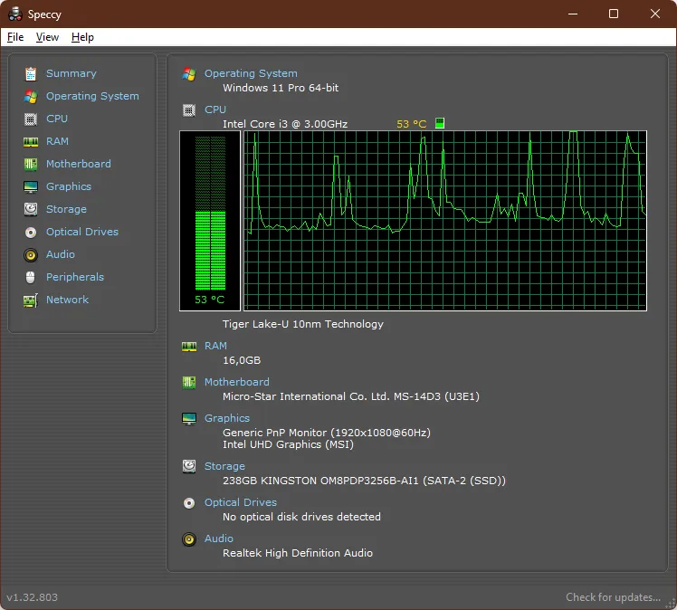 Speccy summary overview with temperature indicators