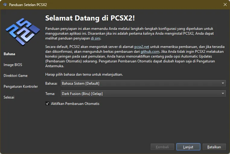 Tampilan saat memilih preferensi bahasa di PCSX2 Setup