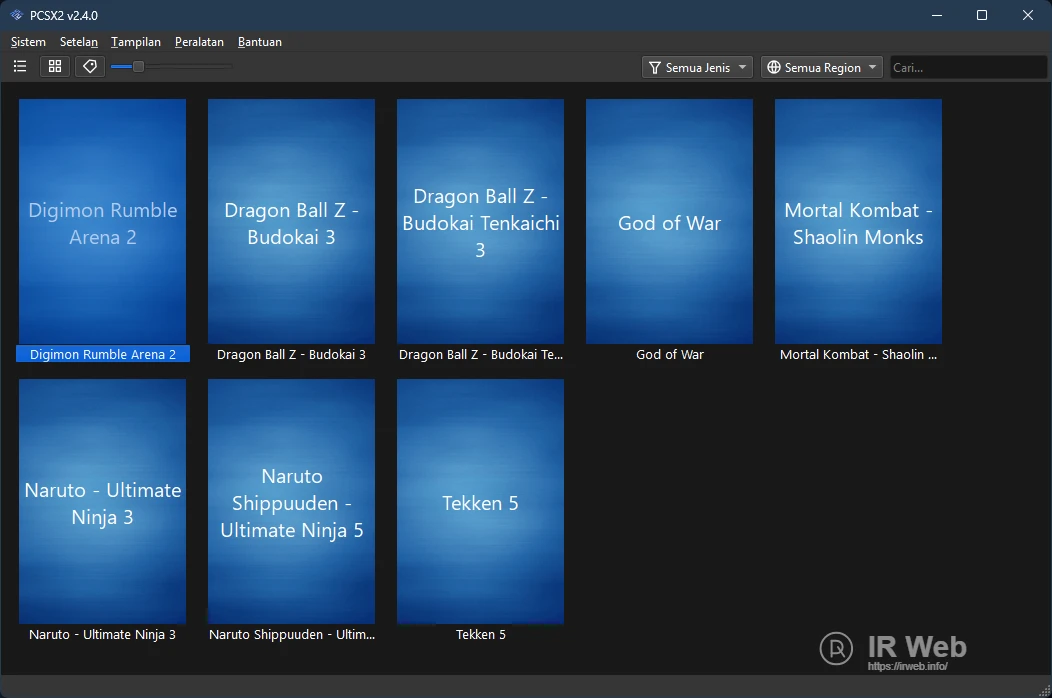 Tampilan memukau dari daftar katalog game lewat layar utama sekilas PCSX2