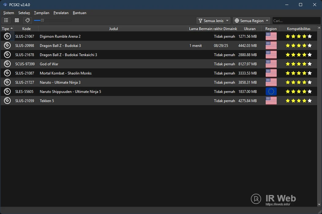 Tampilan game ready-to-play dari database PCSX Explorer, menyorot keagungan tajuk game God of War.
