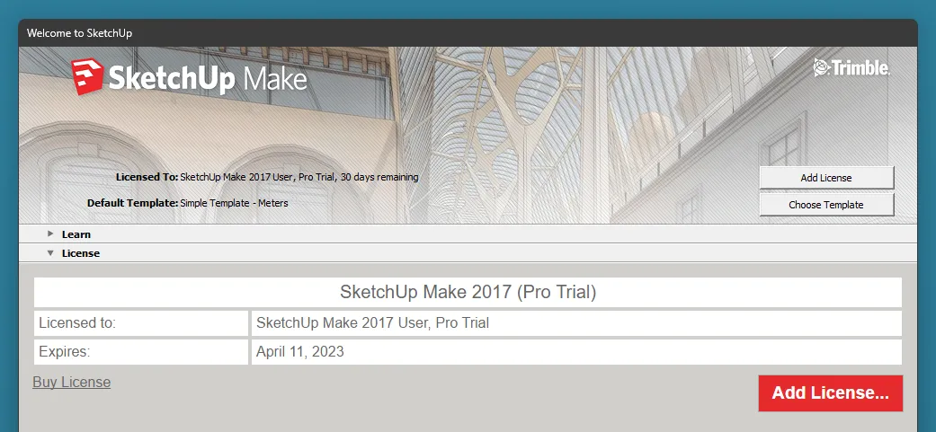 SketchUp Make 2017 trial screen view