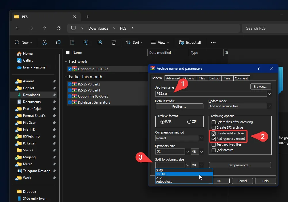 Jendela pengaturan WinRAR yang menampilkan konfigurasi split file menjadi beberapa volume.