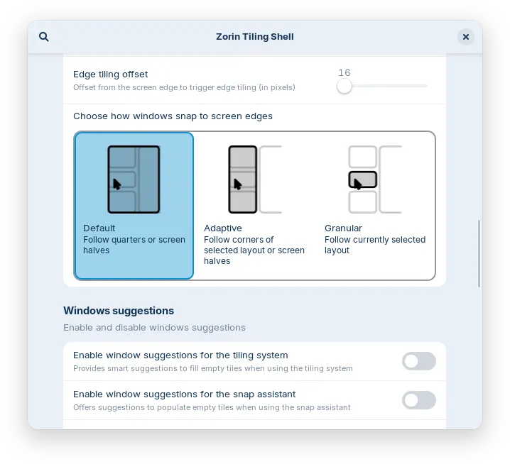 Opsi edge tiling pada pengaturan Zorin Appearance di Zorin OS 18.1