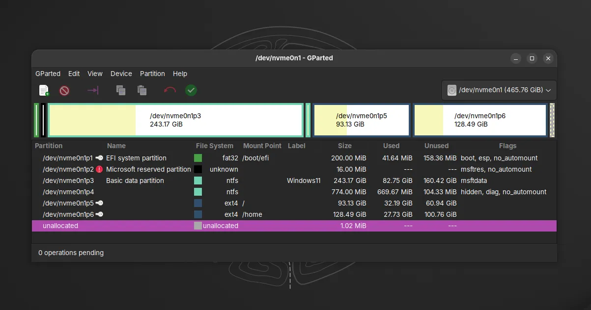 Tampilan partisi di GParted setelah instalasi selesai