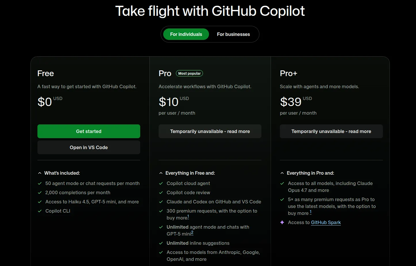Halaman pricing GitHub Copilot menampilkan plan Pro dengan status temporarily unavailable