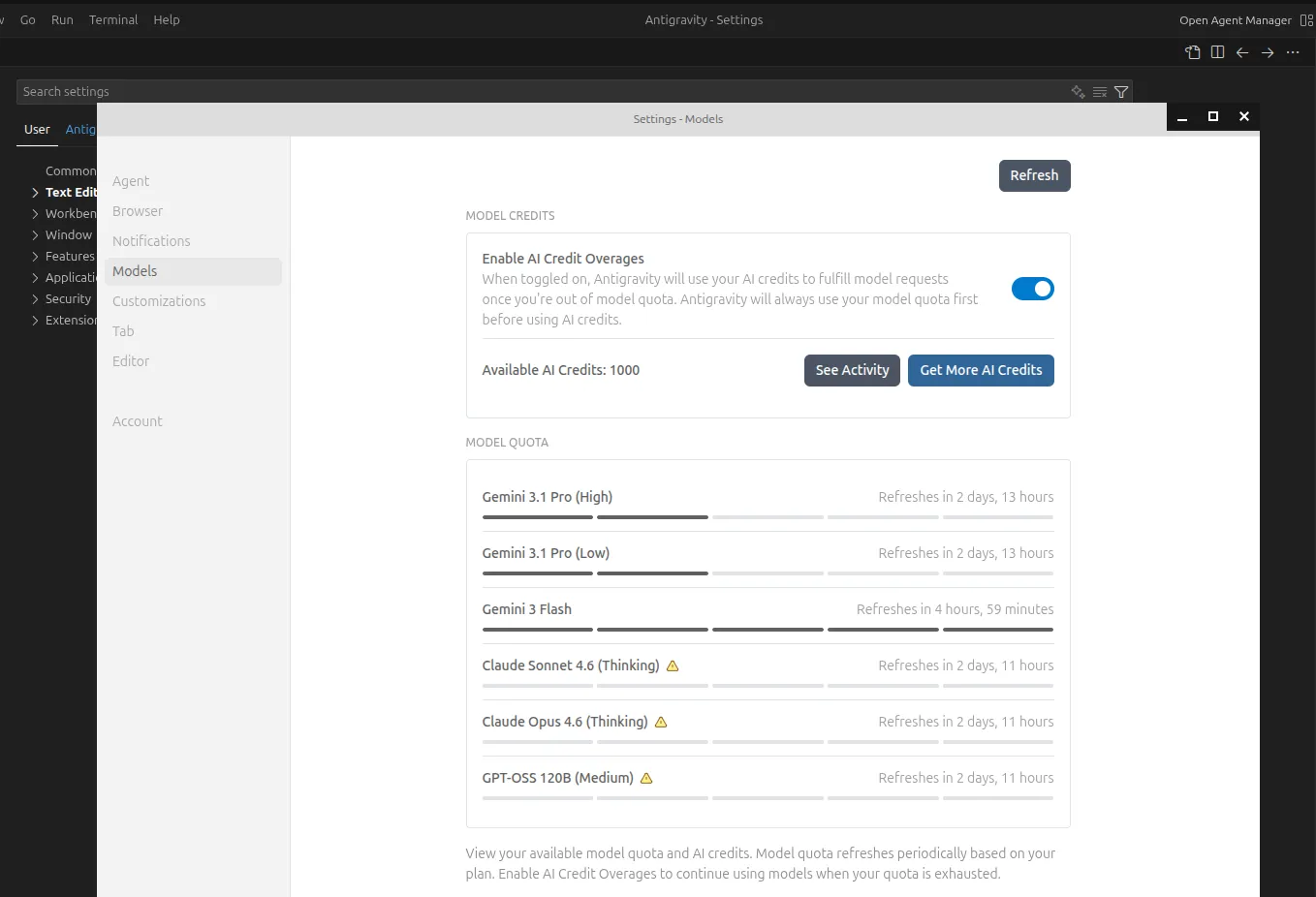 Antigravity model settings page showing available AI models and usage options.