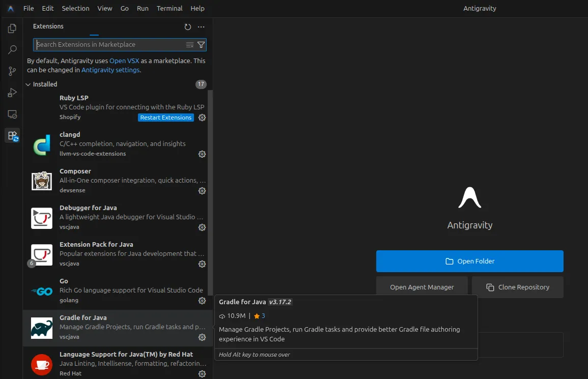 Antigravity interface showing another view of the coding environment.
