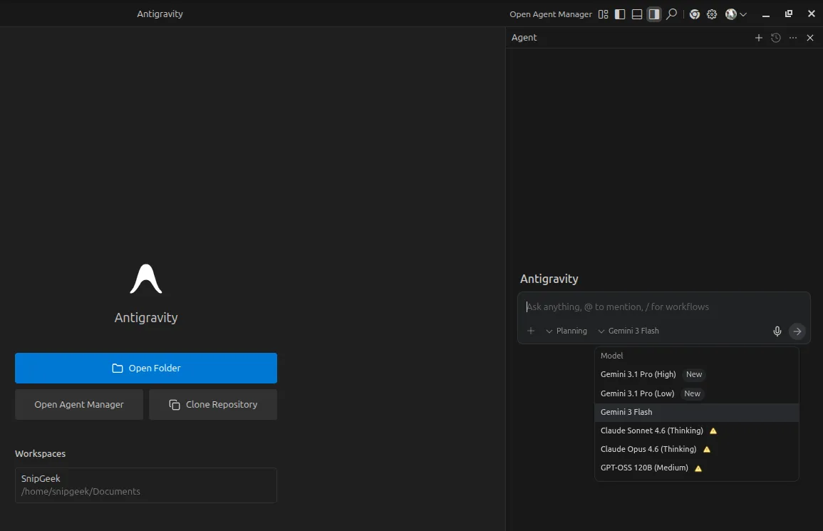 Antigravity screenshot from the Linux trial showing the app in active use.