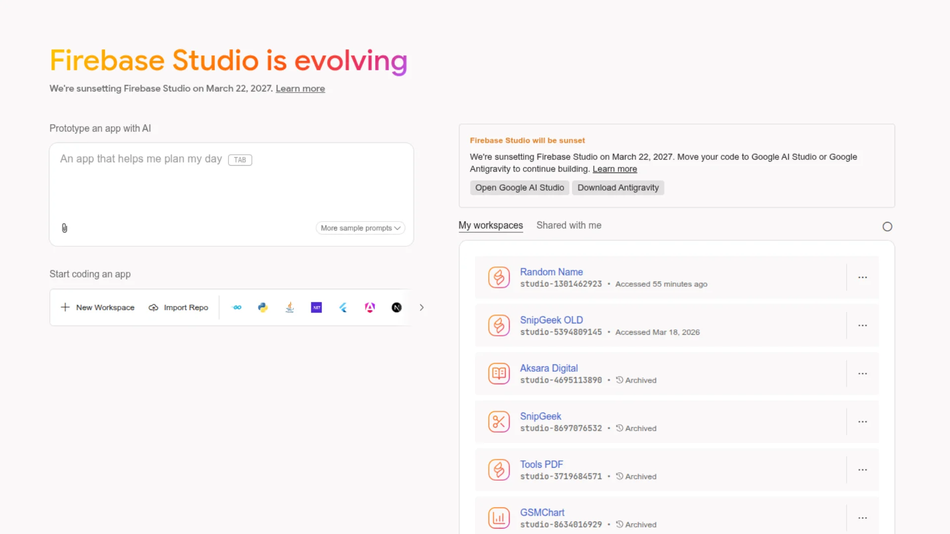 Screenshot notifikasi penutupan Firebase Studio