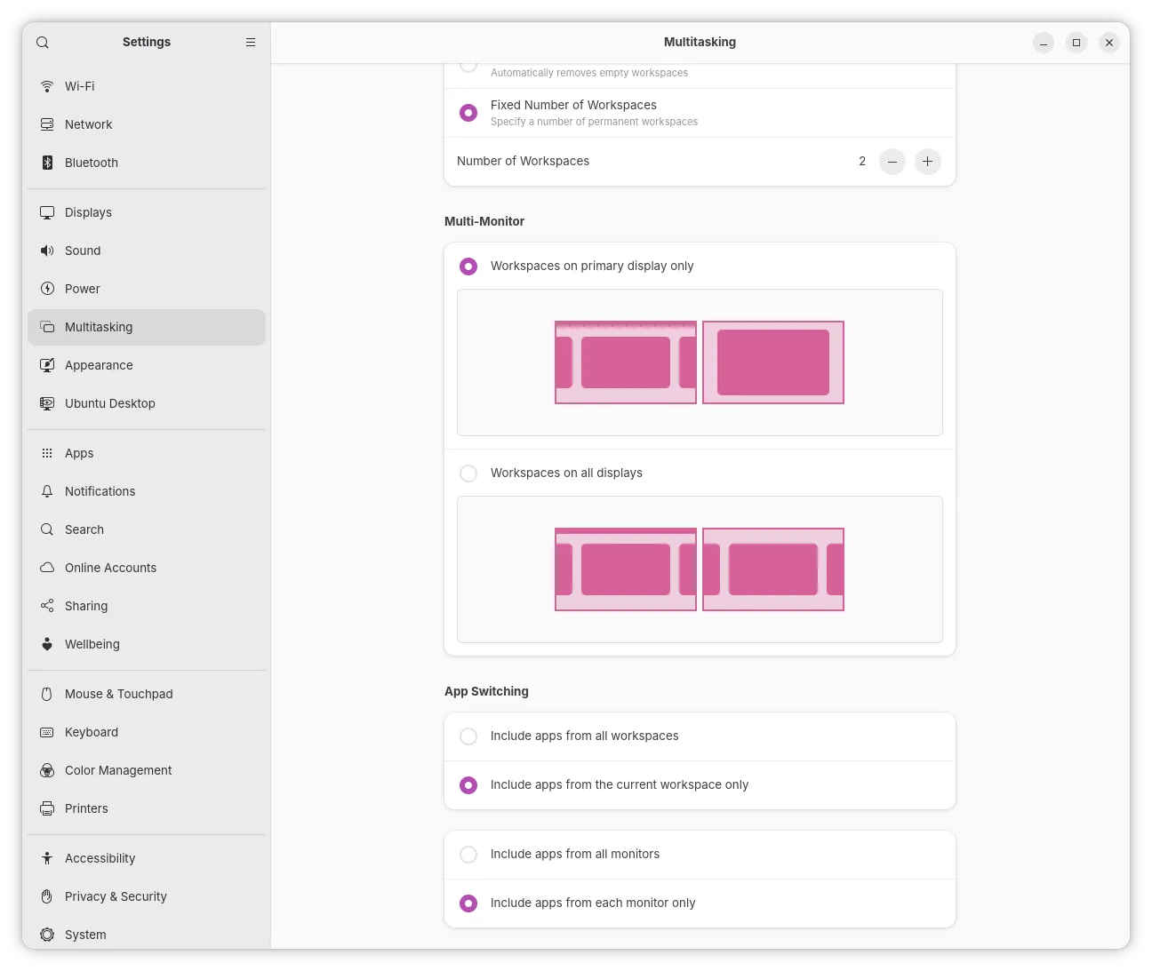 Ubuntu 26.04 Multitasking settings showing the multi-monitor workspace option.