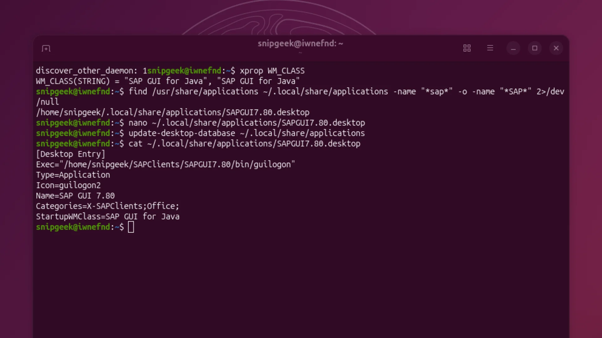 Terminal menampilkan output xprop dan proses edit file .desktop dengan nano