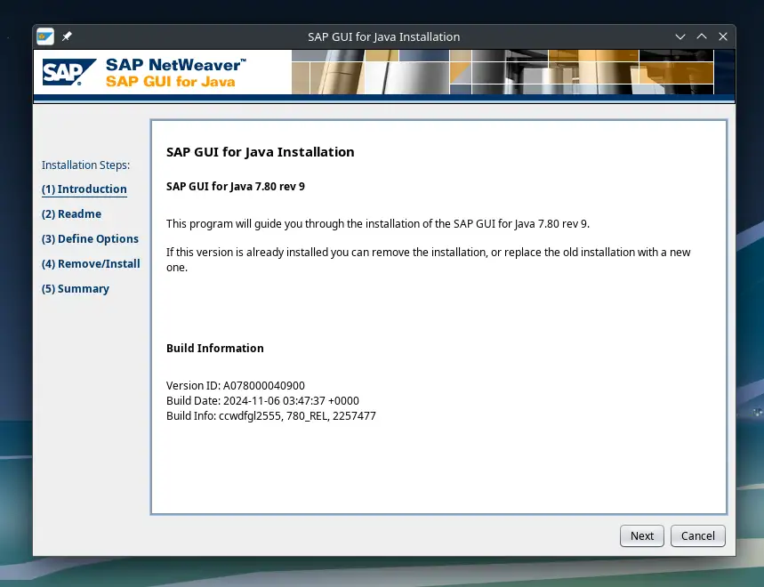 SAP GUI for Java installation wizard steps on Linux.