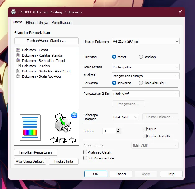 Pengaturan printing preferences Epson L310