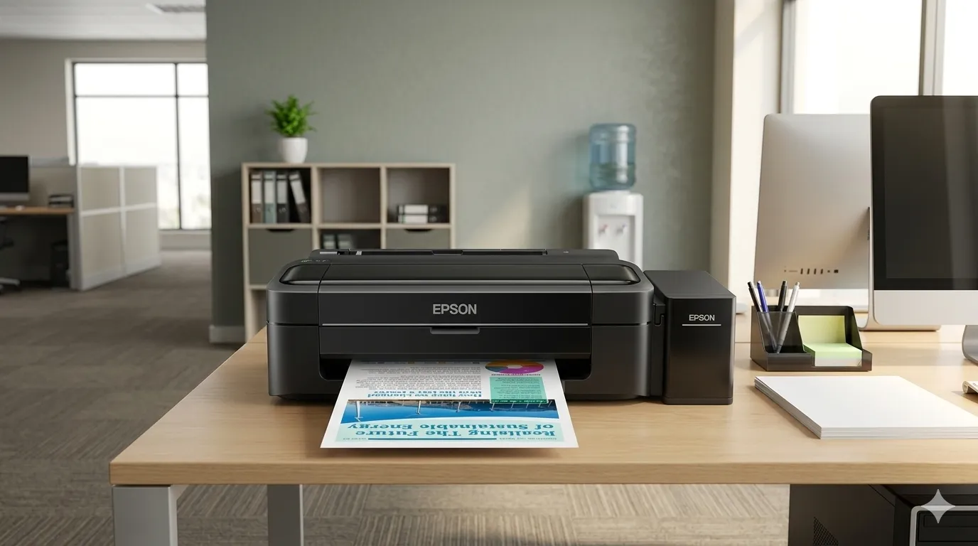 Epson L310 ink tank printer connected to a laptop running Ubuntu 25.10