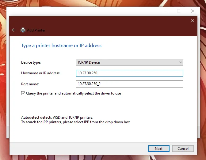 Entering the printer static IP in Windows installation