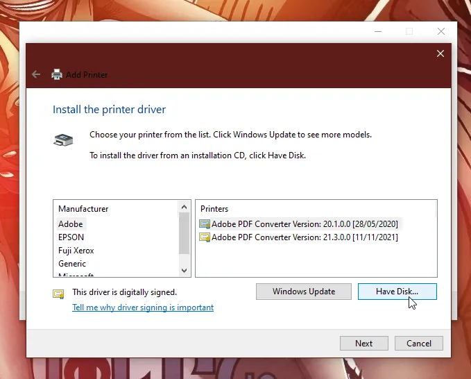 Clicking Have Disk button in Windows printer driver setup