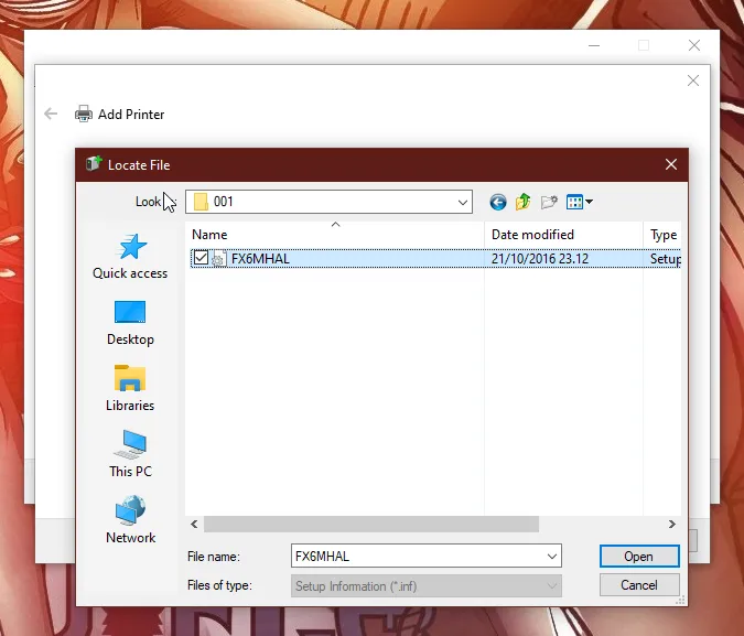 Browsing for the INF driver file in the virtual drive