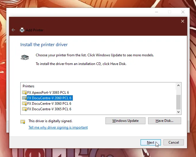 Selecting DocuCentre-V 2060 PCL 6 from the driver list