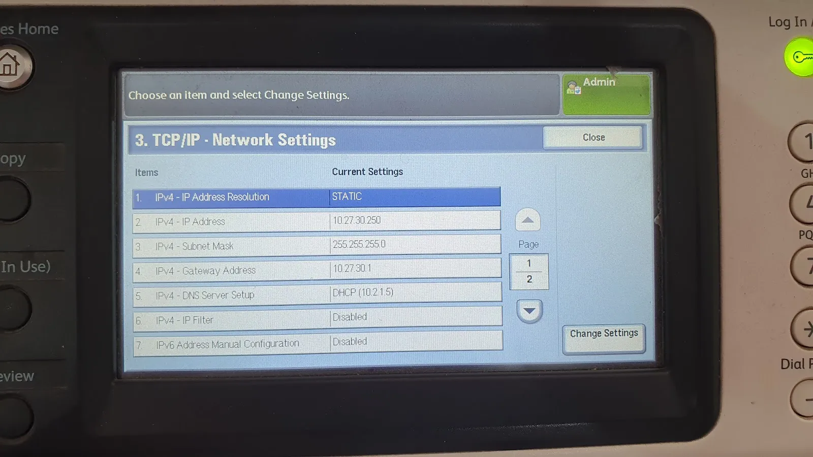 Fuji Xerox static IP configuration confirmation screen