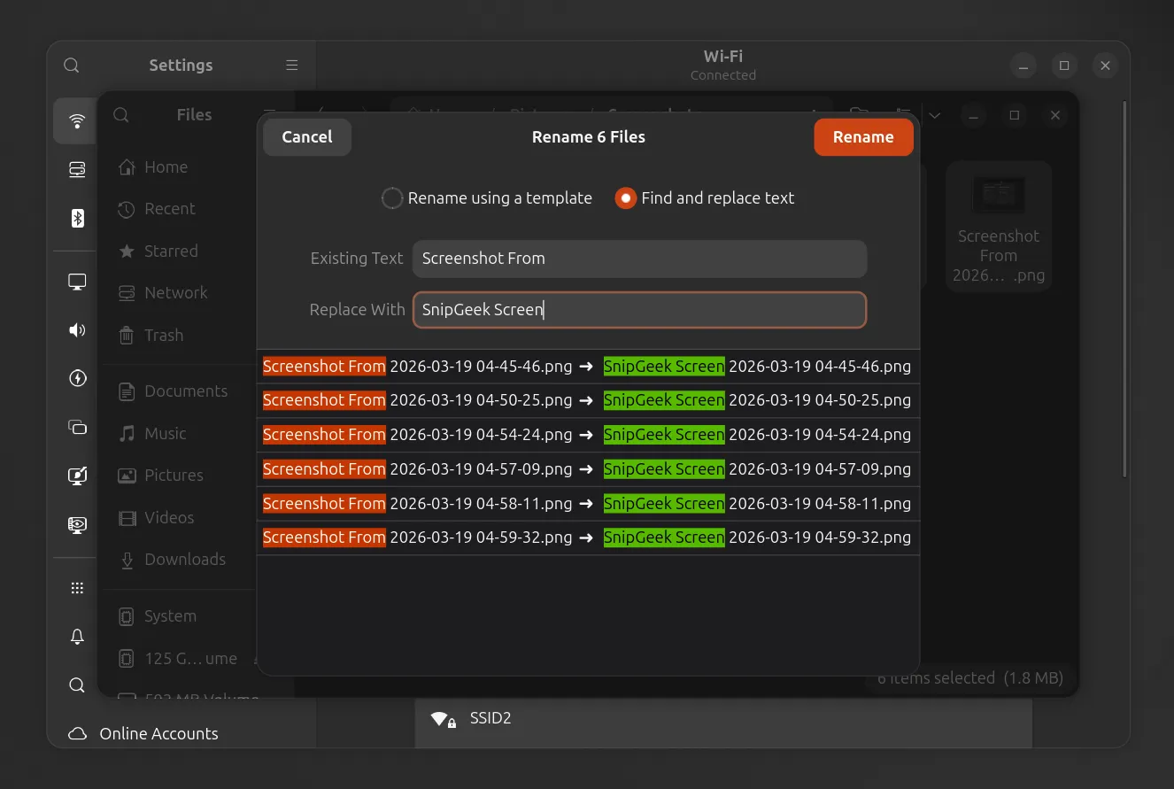 GNOME Files di Ubuntu 26.04 dengan properties window pop-out dan highlight baru pada batch rename.