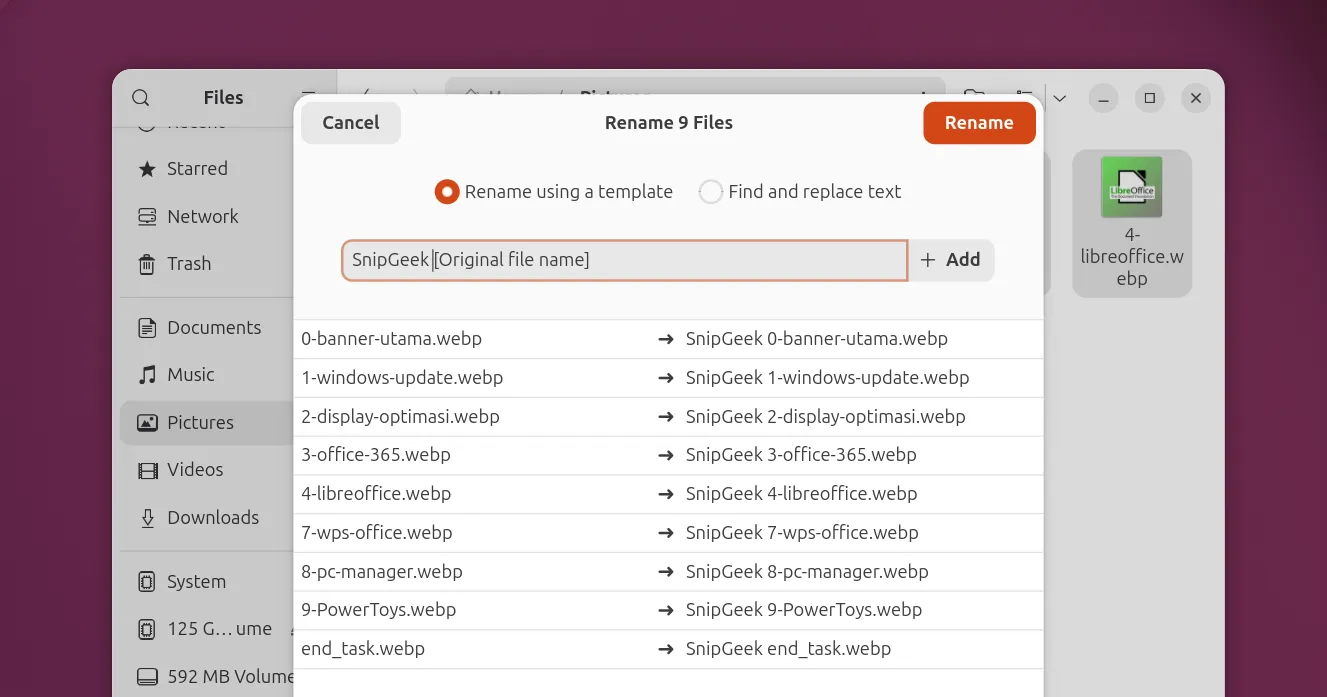Eviden uji rename di GNOME Files pada Ubuntu 26.04 LTS.