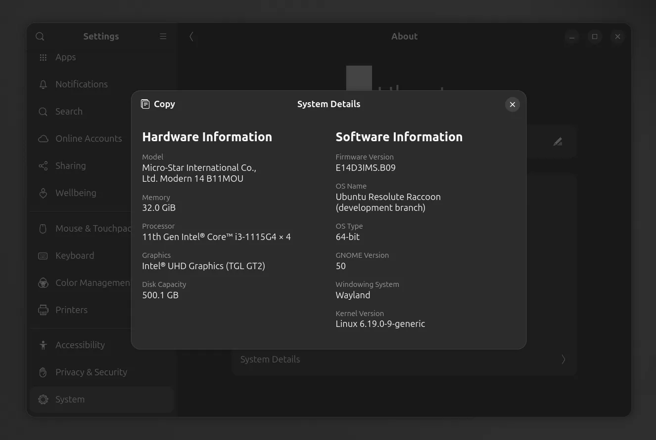 Tampilan About yang menampilkan GNOME Version 50 pada sesi uji Ubuntu 26.04.