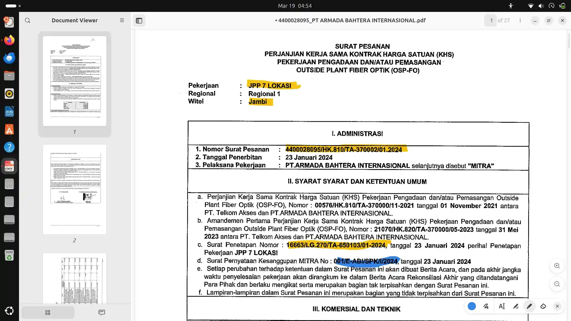 Papers di Ubuntu 26.04 sedang memberi highlight, teks, dan coretan pada file PDF.