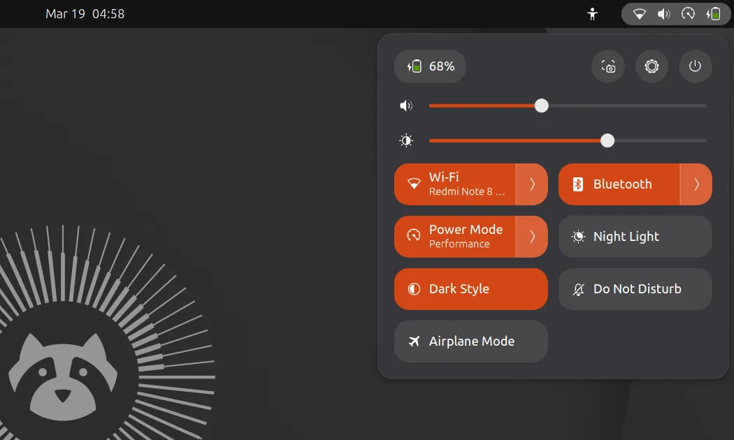 Indikator mode Performance di GNOME top bar pada Ubuntu 26.04.