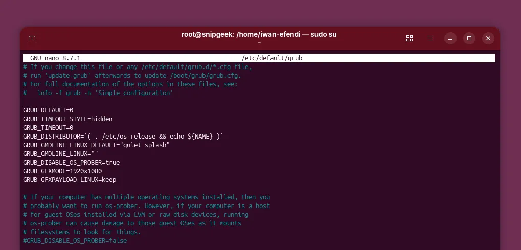 GRUB configuration file showing all the settings applied.