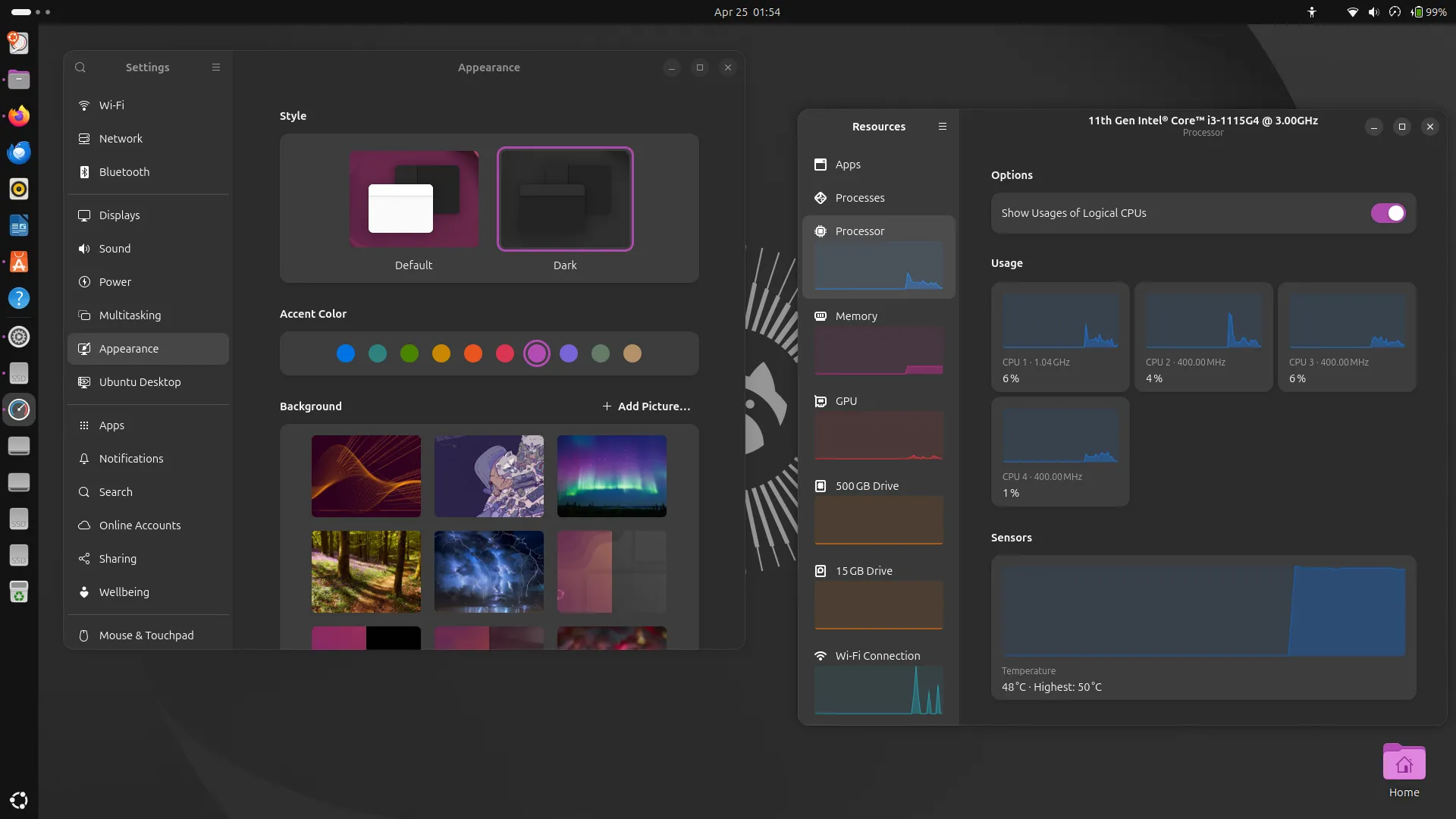 Kustomisasi tampilan Ubuntu 26.04 dan monitor Resources yang berjalan di desktop GNOME 50