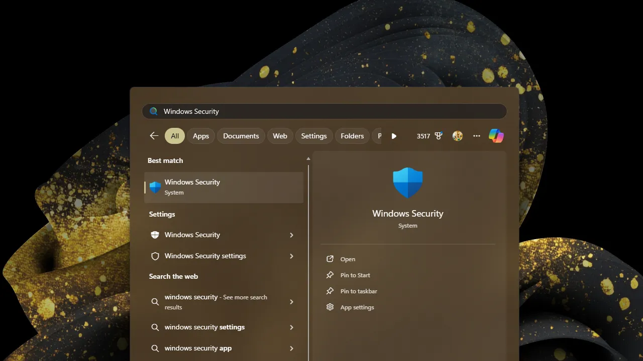 Windows 11 Start menu search for Windows Security app