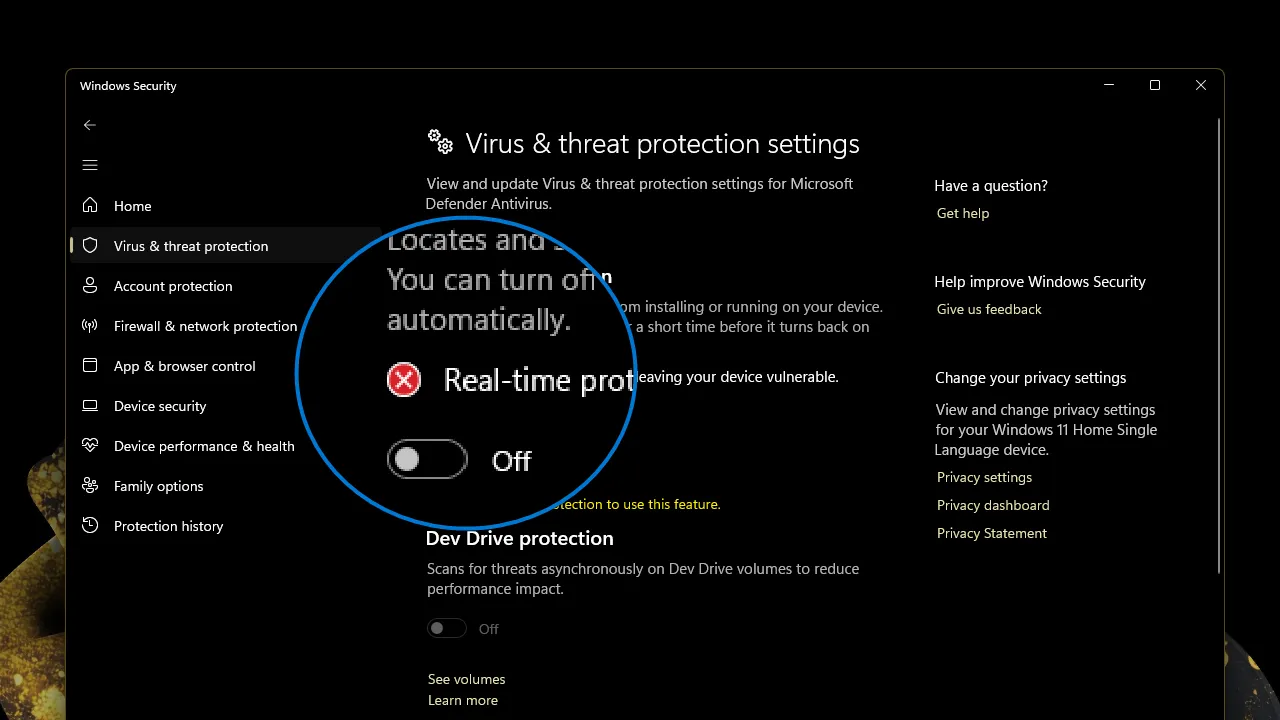 Virus and threat protection menu in Windows Security dashboard