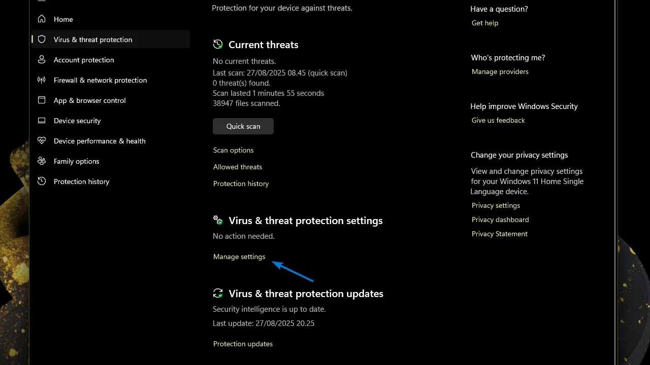 Real-time protection toggle switch in Windows 11 set to off