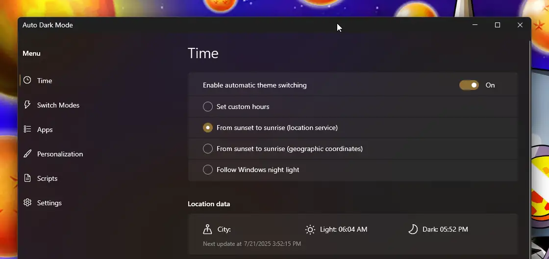 The Time tab in Auto Dark Mode showing schedule and location settings