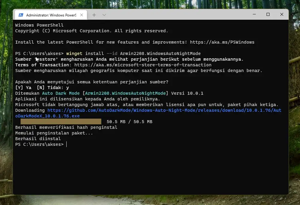 PowerShell terminal showing the winget installation process for Auto Dark Mode
