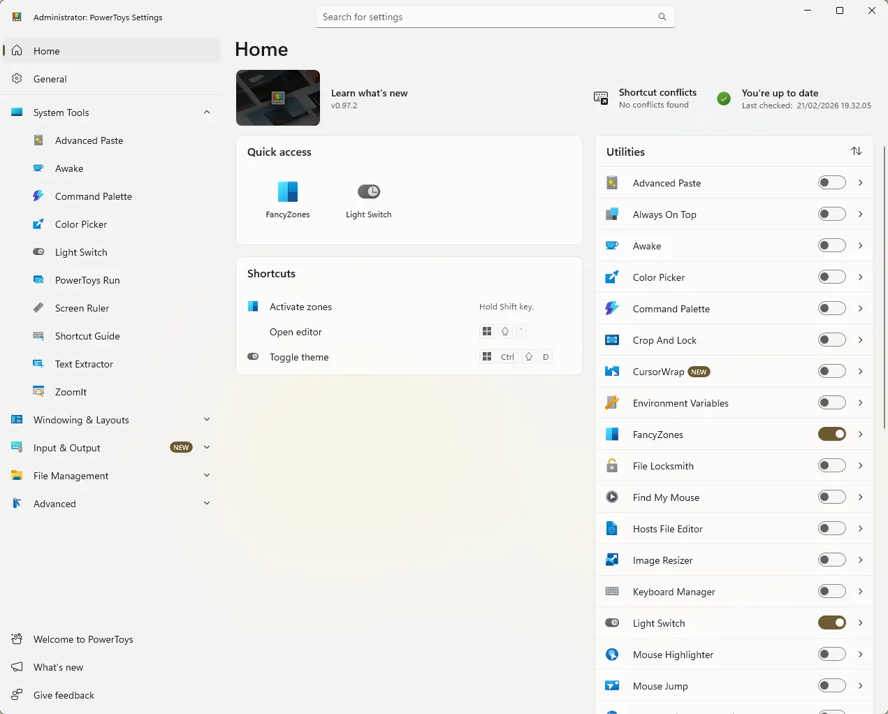 PowerToys Home settings showing version v0.97.2 with Light Switch enabled