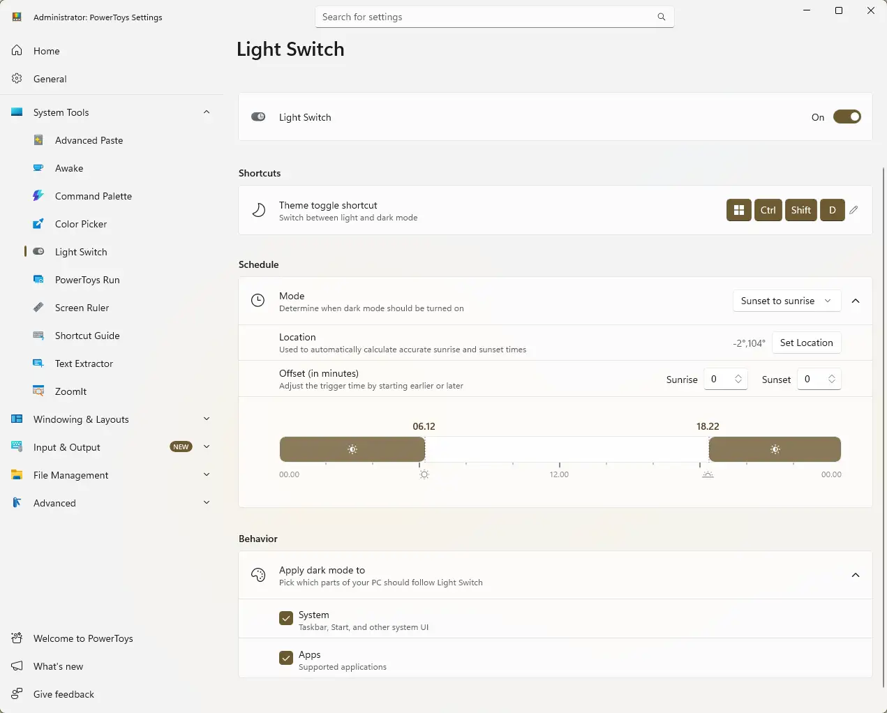Light Switch module interface in PowerToys showing configuration options