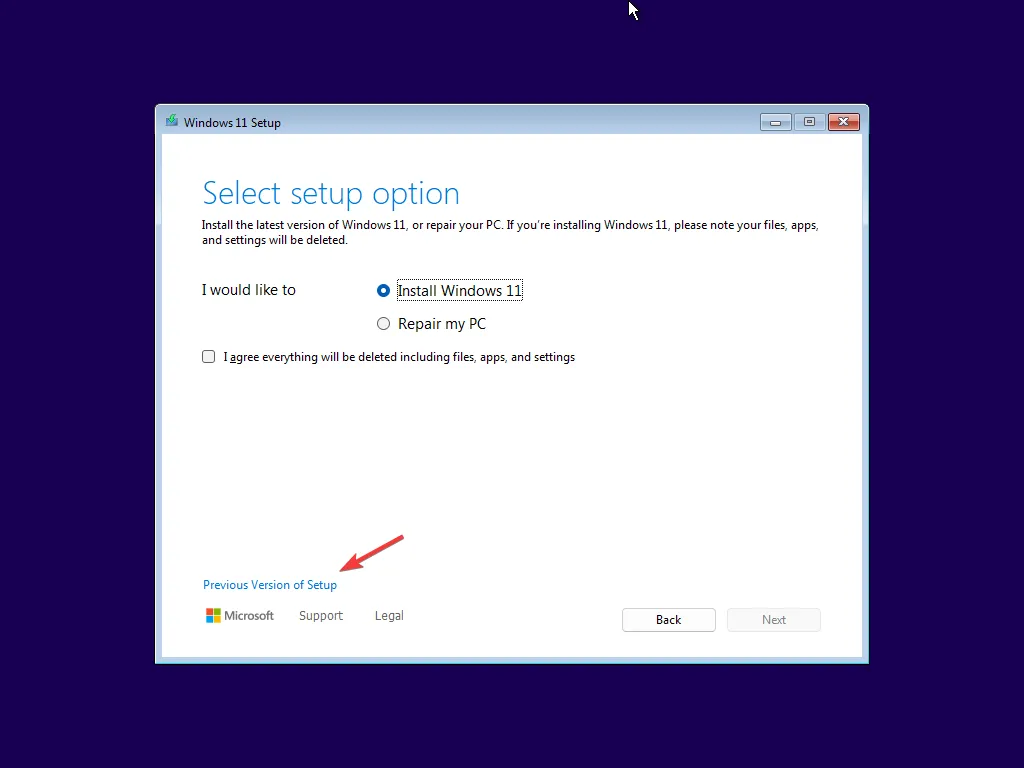 Pilih Previous Version of Setup