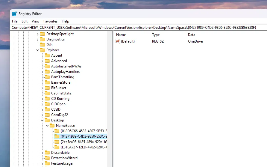 Navigate to the NameSpace path in the Registry Editor