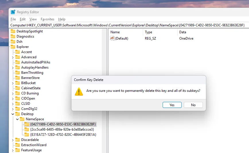 Delete the registry key folder related to OneDrive