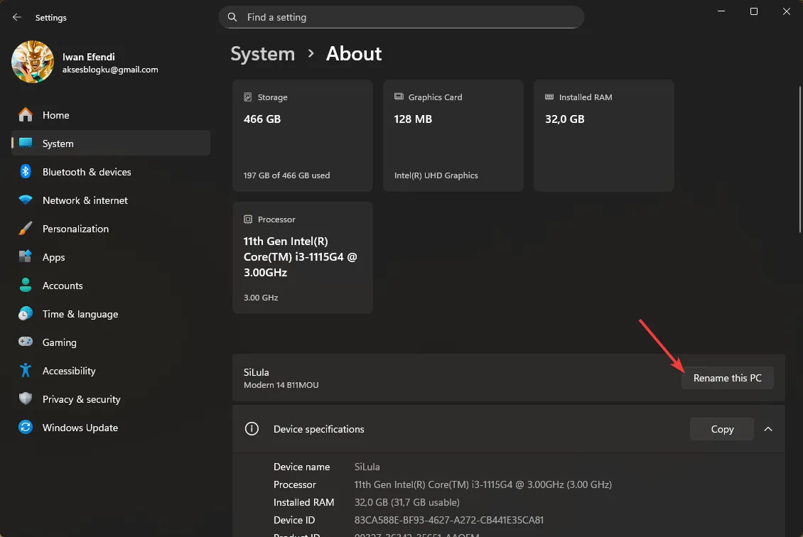 Halaman System About Windows 11 dengan tombol Rename this PC disorot